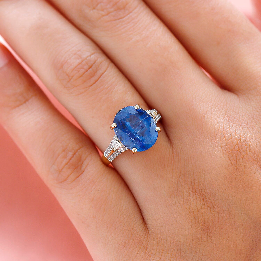 9K Yellow Gold Natural Kyanite & Diamond Solitaire Ring 6.62 Ct.