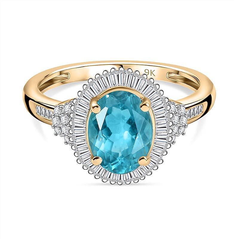 9K Yellow Gold Premium Blue Lagoon Apatite and White Diamond Halo Ring 2.31 Cts. 7958305 0
