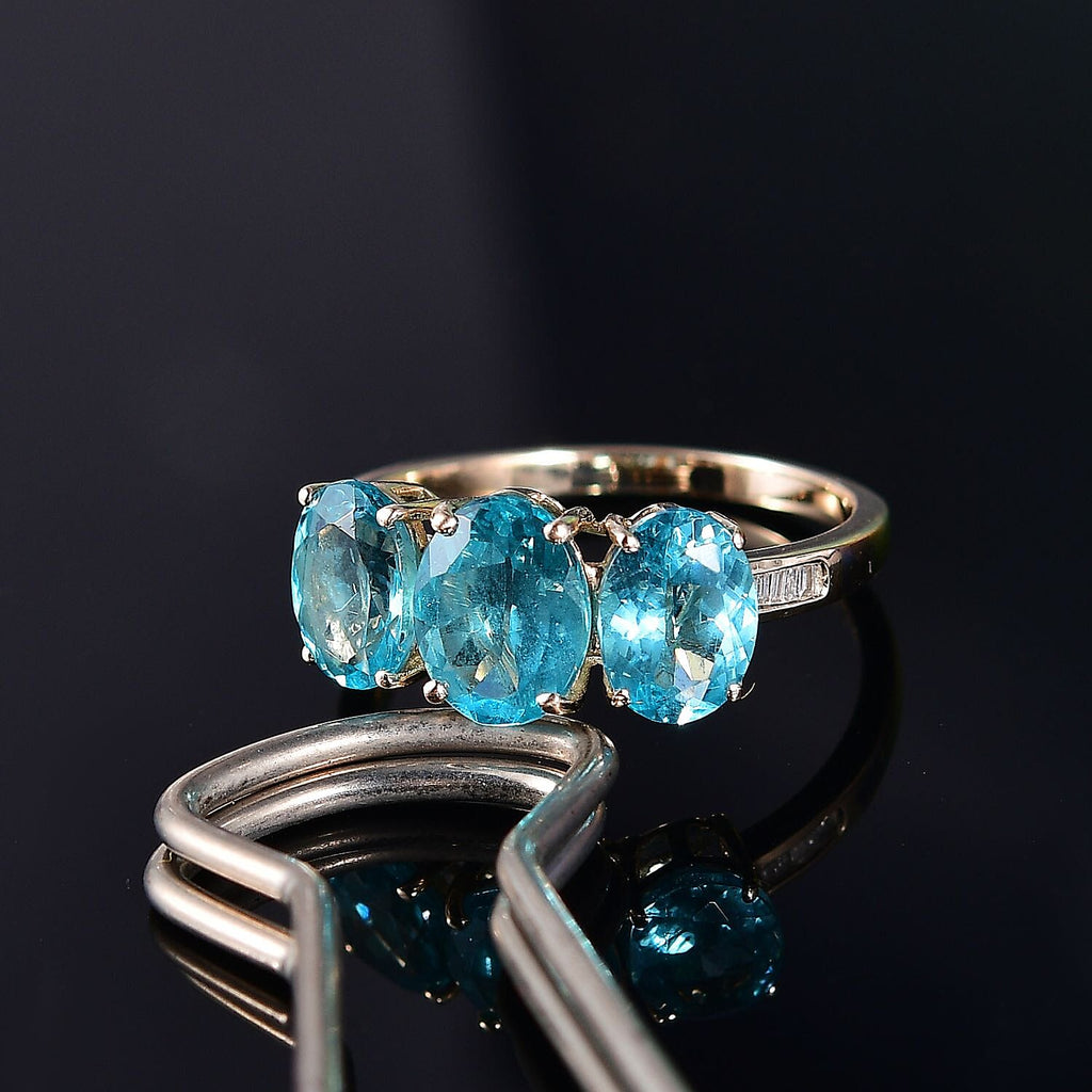 Glenstones Special - 9K Yellow Gold Lagoon Apatite & White Diamond Trilogy Ring 4.61 Ct.