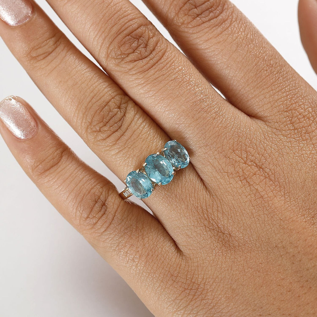 9K Yellow Gold Lagoon Apatite, White Diamond Trilogy Ring 4.61 Ct. 8060122 3
