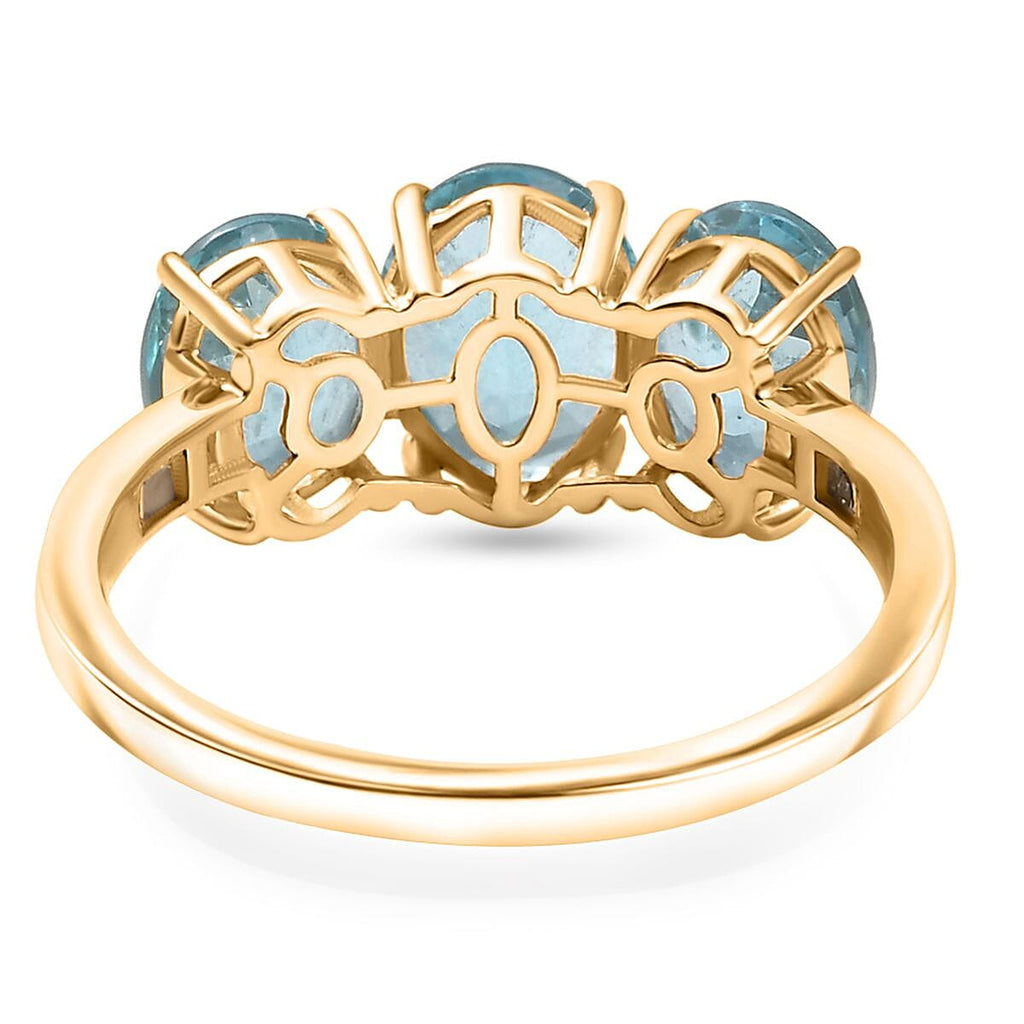 Glenstones Special - 9K Yellow Gold Lagoon Apatite & White Diamond Trilogy Ring 4.61 Ct.