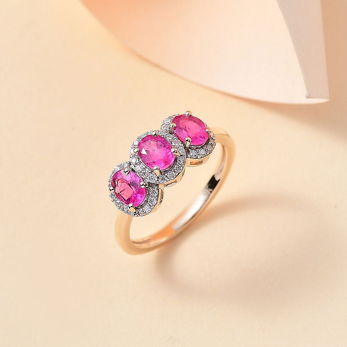 First Time Ever - 9K Yellow Gold Mozambique Pink Sapphire and Moissanite Ring 1.60 ct. 7892520 1