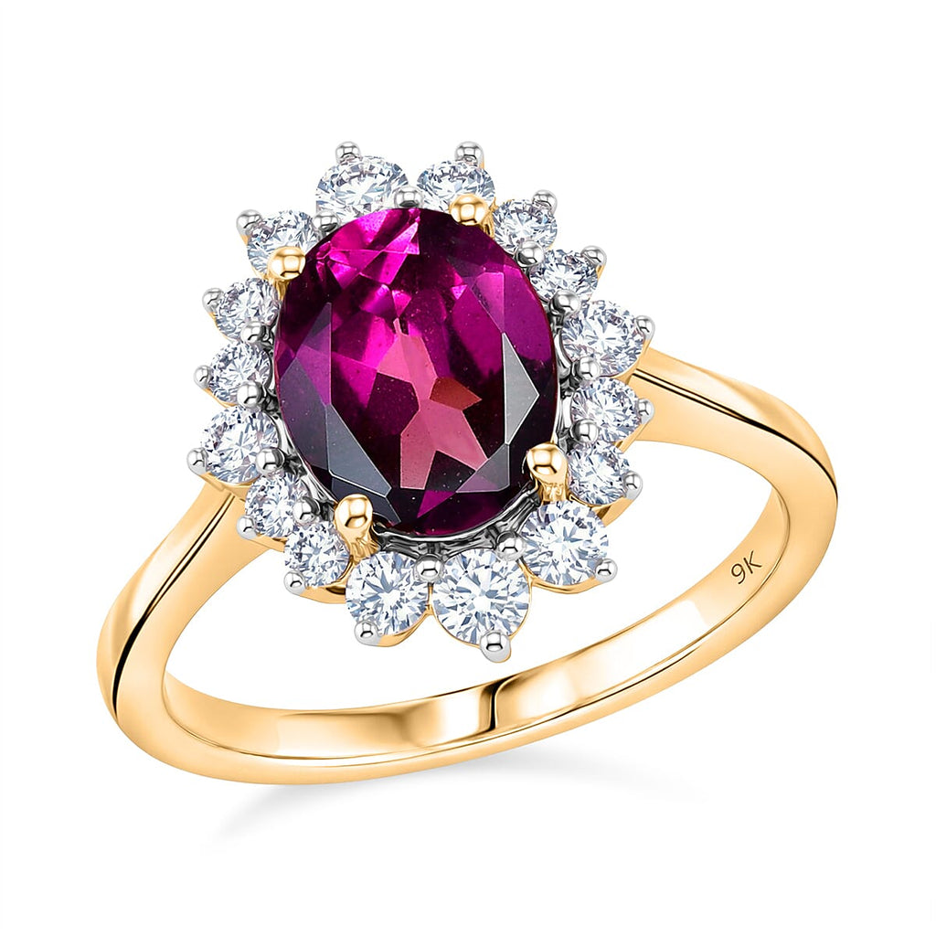 Tony Diniz Collection- 9K Yellow Gold Natural Radiant Ember Purple Garnet & SI-G-H Lab Grown Diamond Halo Ring 2.48 Ct.