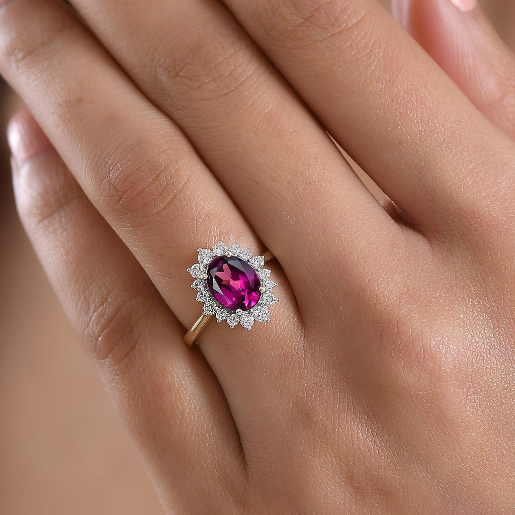 Tony Diniz Collection- 9K Yellow Gold Natural Radiant Ember Purple Garnet & SI-G-H Lab Grown Diamond Halo Ring 2.48 Ct.