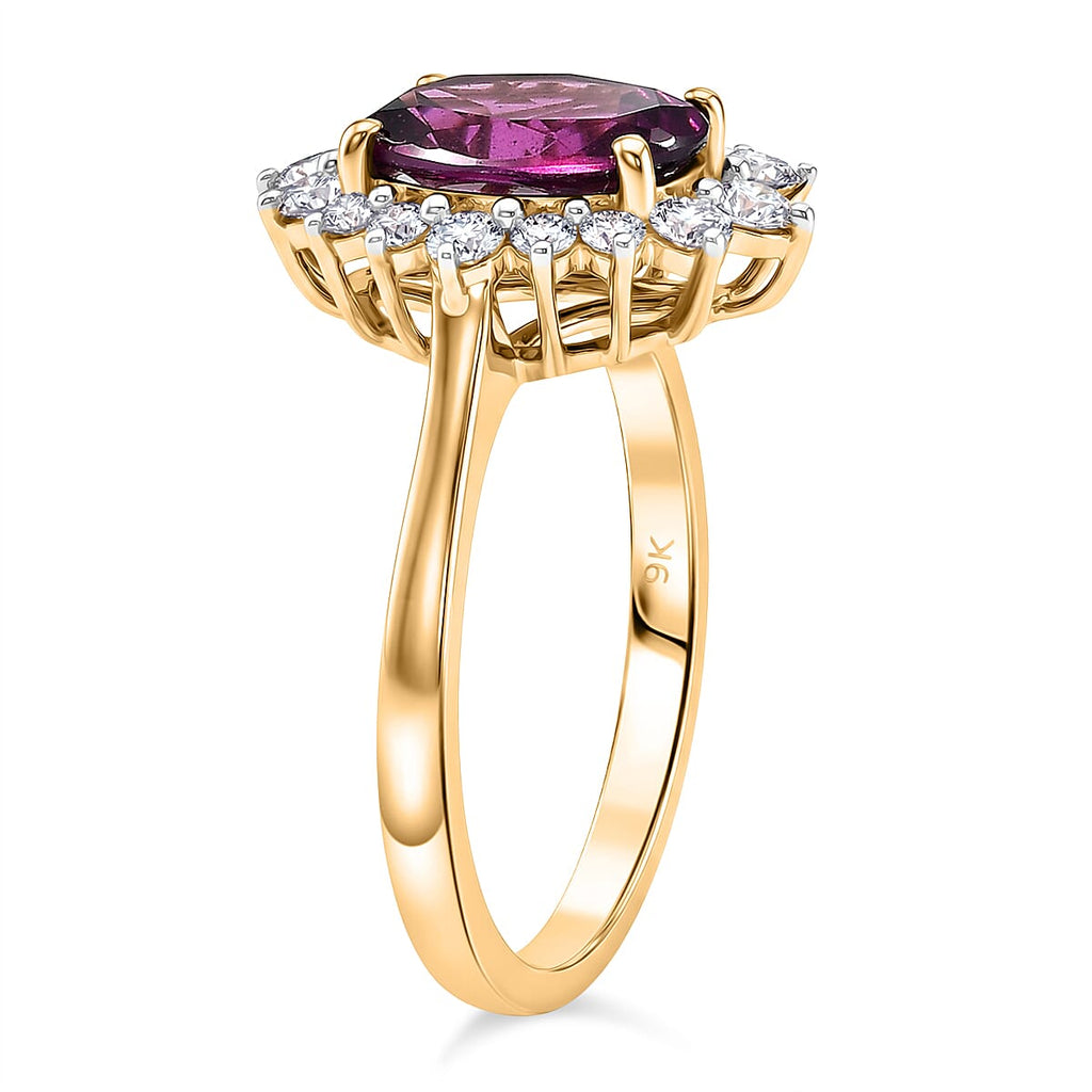Tony Diniz Collection- 9K Yellow Gold Natural Radiant Ember Purple Garnet & SI-G-H Lab Grown Diamond Halo Ring 2.48 Ct.