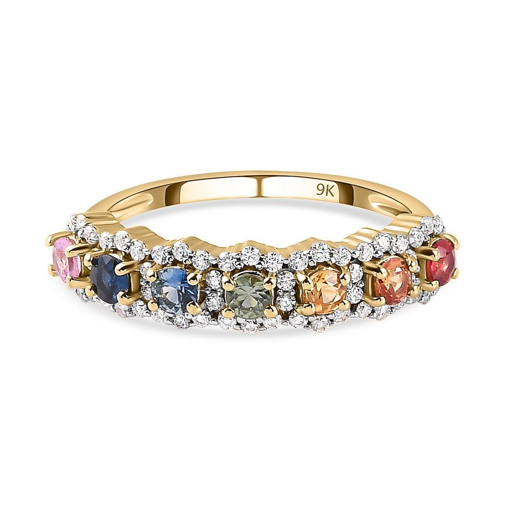 9K Yellow Gold Rainbow Sapphire and Moissanite Ring 1.02 Ct.