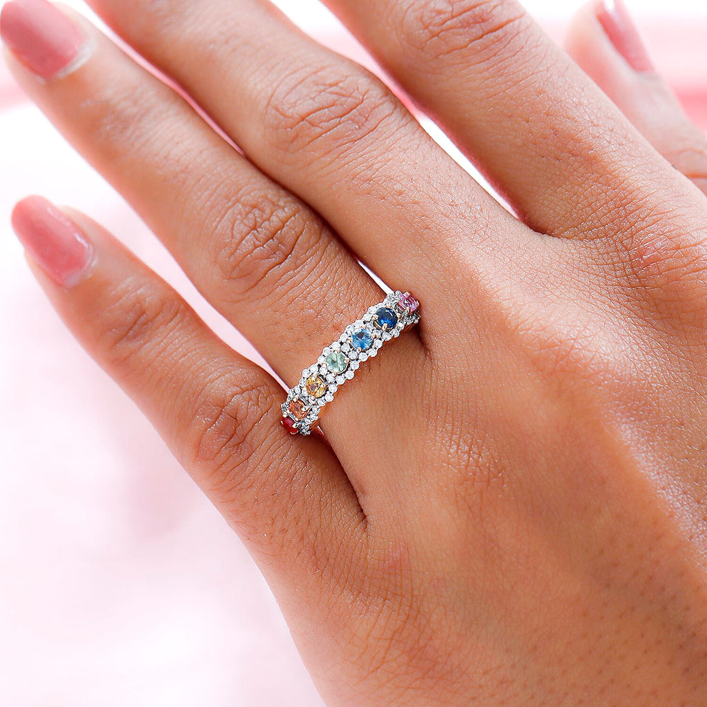 9K Yellow Gold Rainbow Sapphire and Moissanite Ring 1.02 Ct.