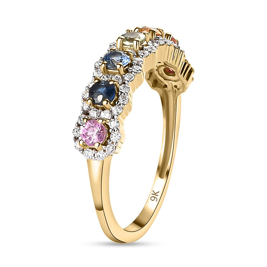 9K Yellow Gold Rainbow Sapphire and Moissanite Ring 1.02 Ct.