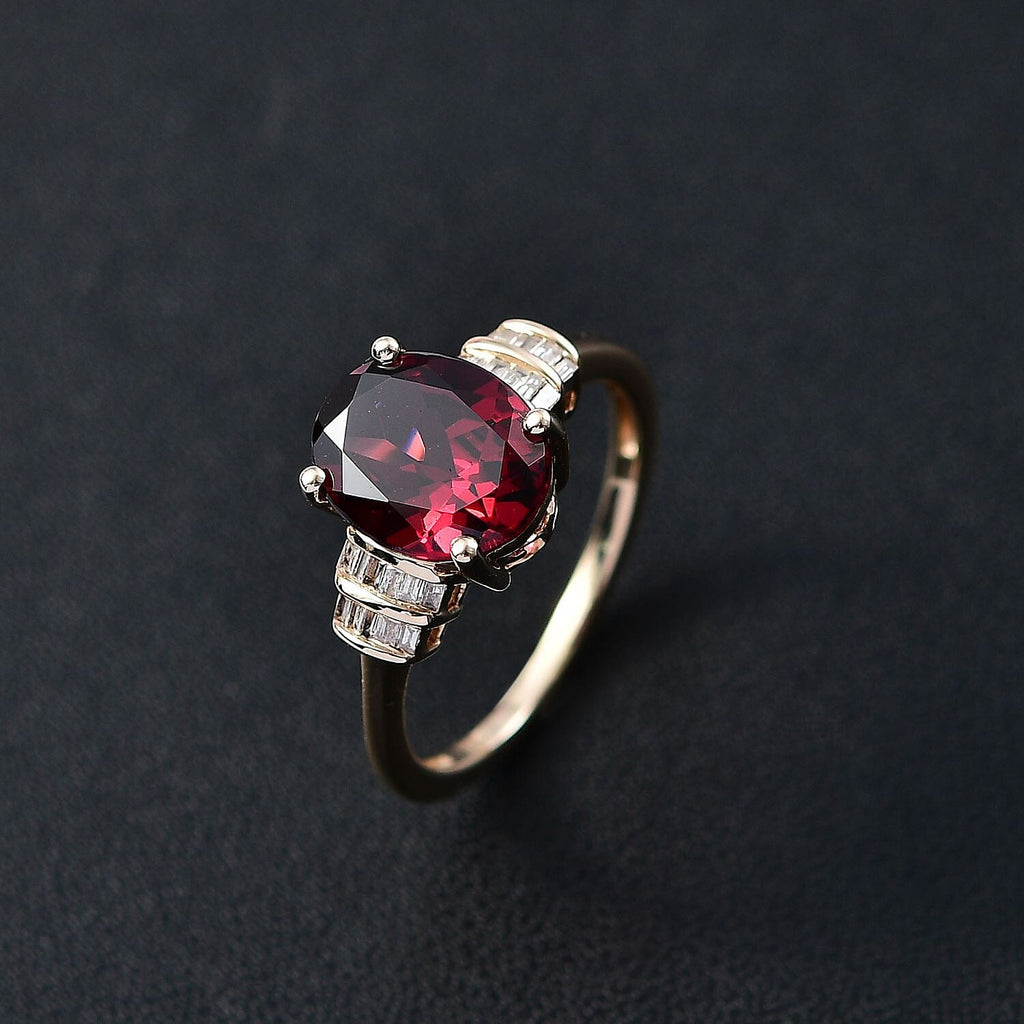 Extremely Rare Size-  9K Yellow Gold Orissa Natural Rhodolite Garnet (Oval 10x8 mm) and Natural Diamond Ring 3.40 Ct.