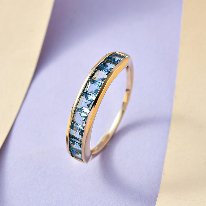 9K Yellow Gold Santamaria Aquamarine Half-Eternity Wedding Band Ring 1.17 Ct 7523039 2