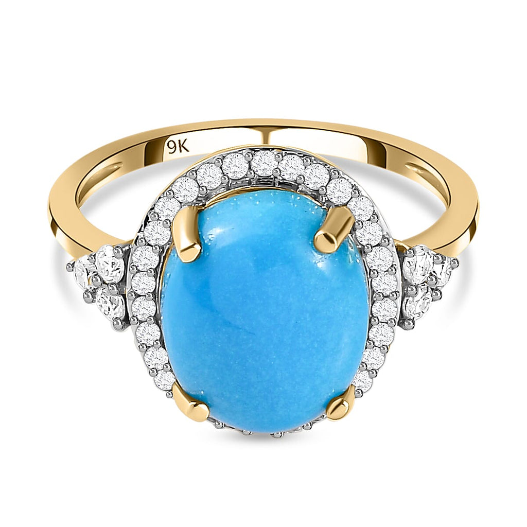 9K Yellow Gold Arizona Sleeping Beauty Turquoise and Moissanite Ring 3.93 Ct.