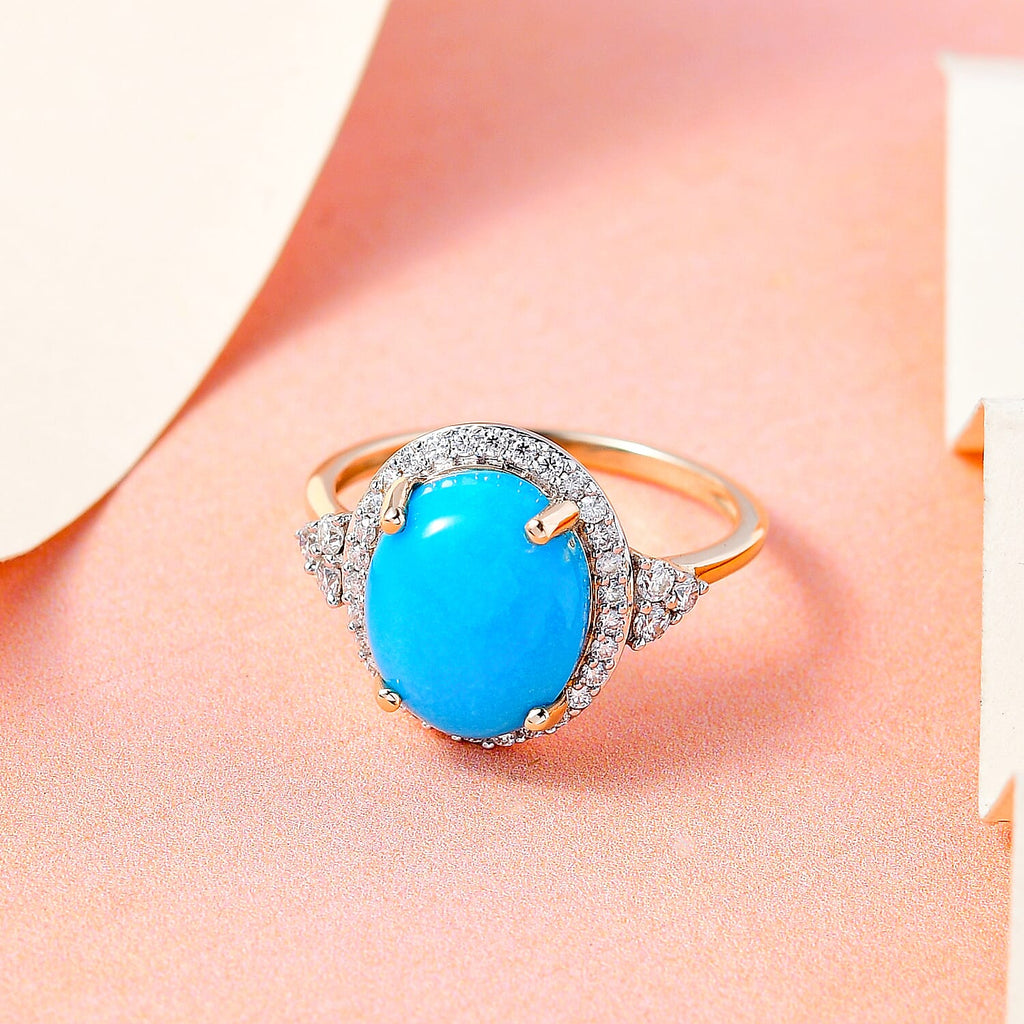 9K Yellow Gold Arizona Sleeping Beauty Turquoise and Moissanite Ring 3.93 Ct.