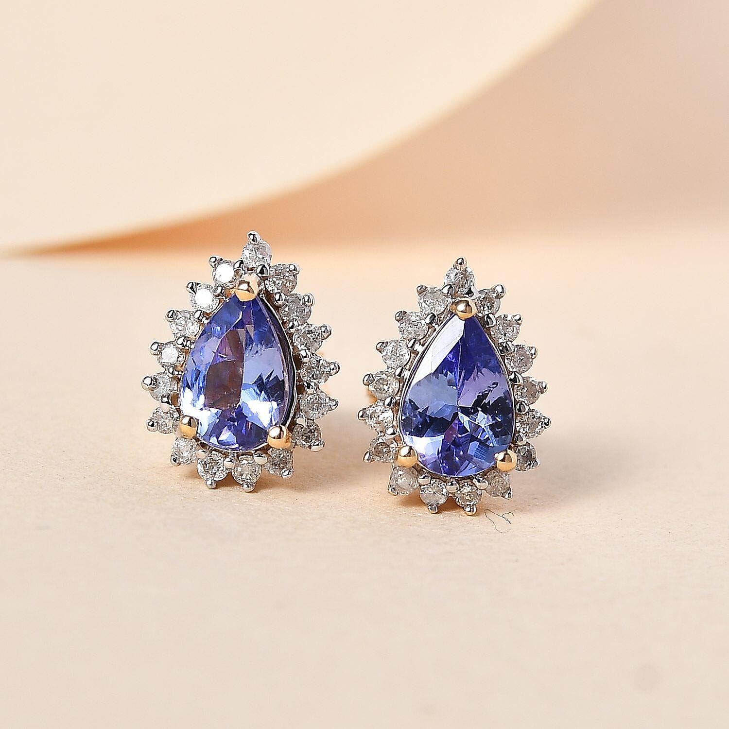 9K Yellow Gold AA Tanzanite and Diamond Halo Earrings (With Push Back) 7231394 1