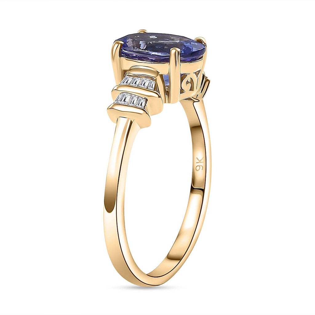 9K Yellow Gold  AA Tanzanite,White Diamond Solitaire Ring 1.84 Ct