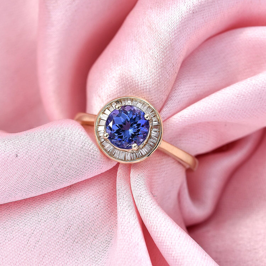 TANZANITE SPECTACULAR - 9K Yellow Gold Tanzanite & White Diamond Solitaire Ring 1.50 Ct.