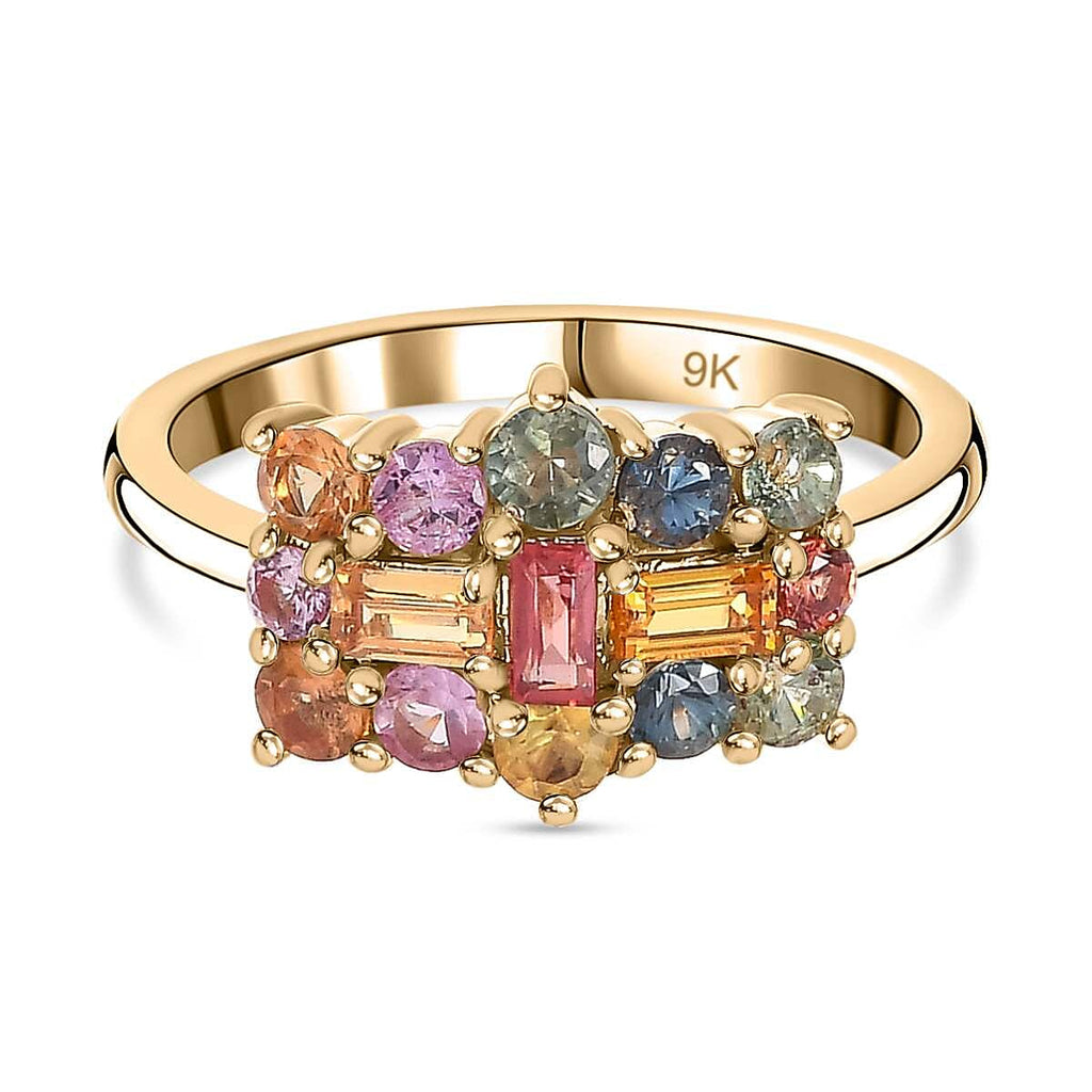 9K Yellow Gold  AA   Yellow Sapphire ,  Red Sapphire ,  Multi Sapphire  Cluster Ring 1.27 ct,  Gold Wt. 2.2 Gms  1.363  Ct.