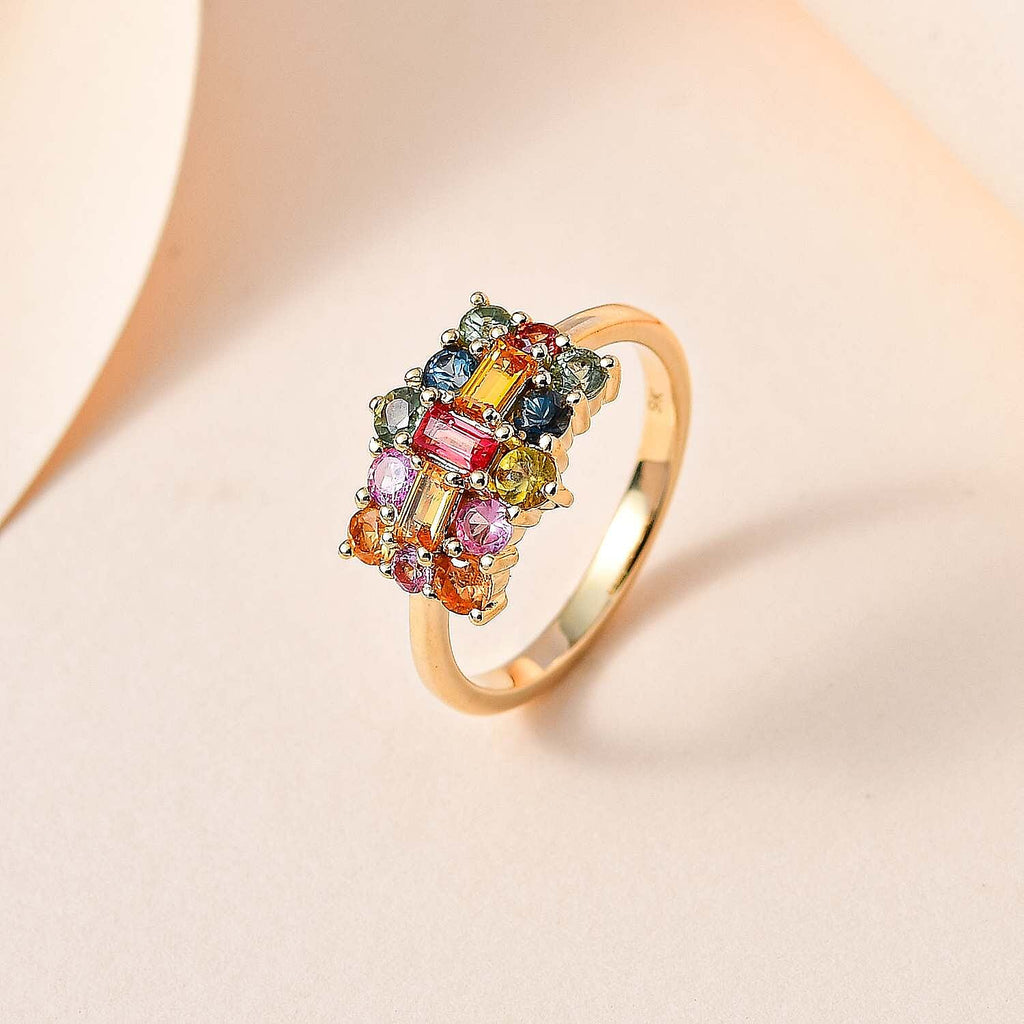 9K Yellow Gold  AA   Yellow Sapphire ,  Red Sapphire ,  Multi Sapphire  Cluster Ring 1.27 ct,  Gold Wt. 2.2 Gms  1.363  Ct.