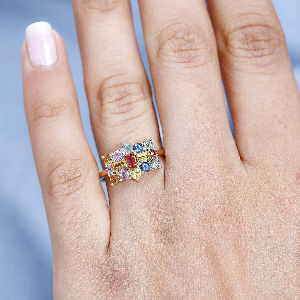 9K Yellow Gold  AA   Yellow Sapphire ,  Red Sapphire ,  Multi Sapphire  Cluster Ring 1.27 ct,  Gold Wt. 2.2 Gms  1.363  Ct.