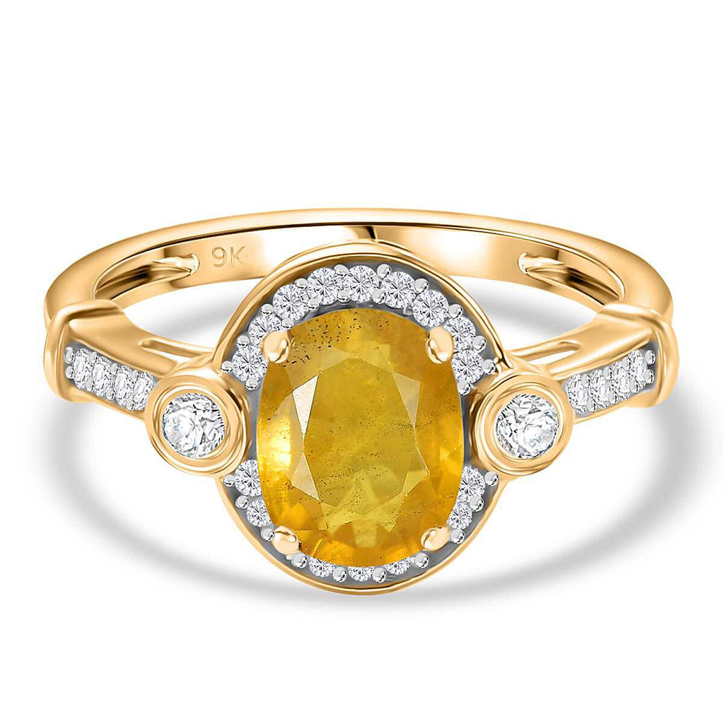 9K Yellow Gold AA Yellow Sapphire, Moissanite Halo Ring 1.91 Ct