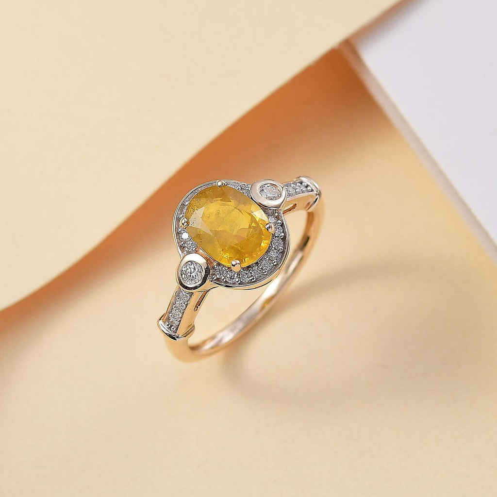 9K Yellow Gold AA Yellow Sapphire, Moissanite Halo Ring 1.91 Ct