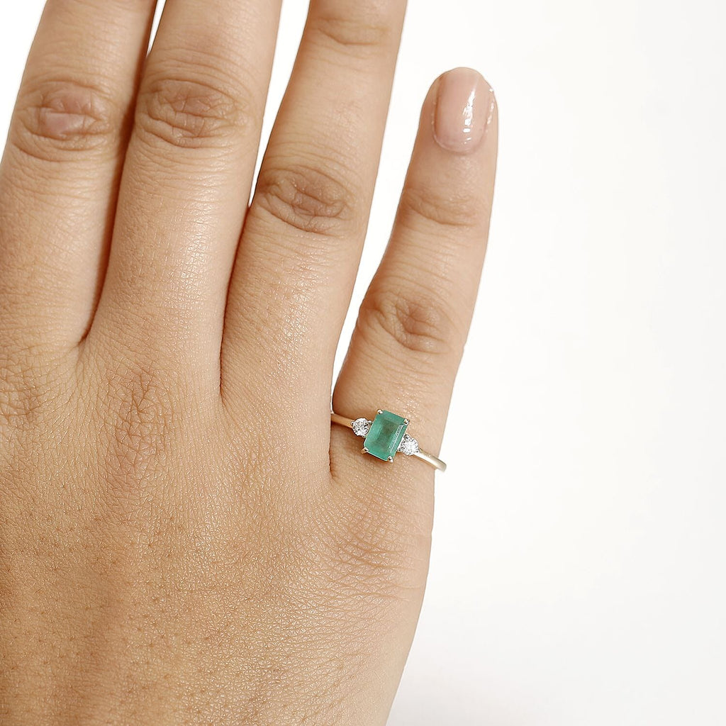 9K Yellow Gold Premium Gemfields Zambian Emerald & Lab Grown Diamond (VS-EF) Trilogy Ring 1.14 Ct.