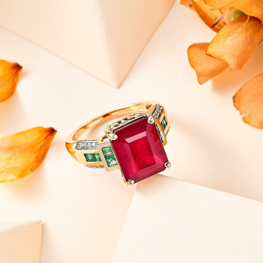 9K Yellow Gold AAA African Ruby, Premium Emerald & Natural Zircon Ring 7.30 Ct