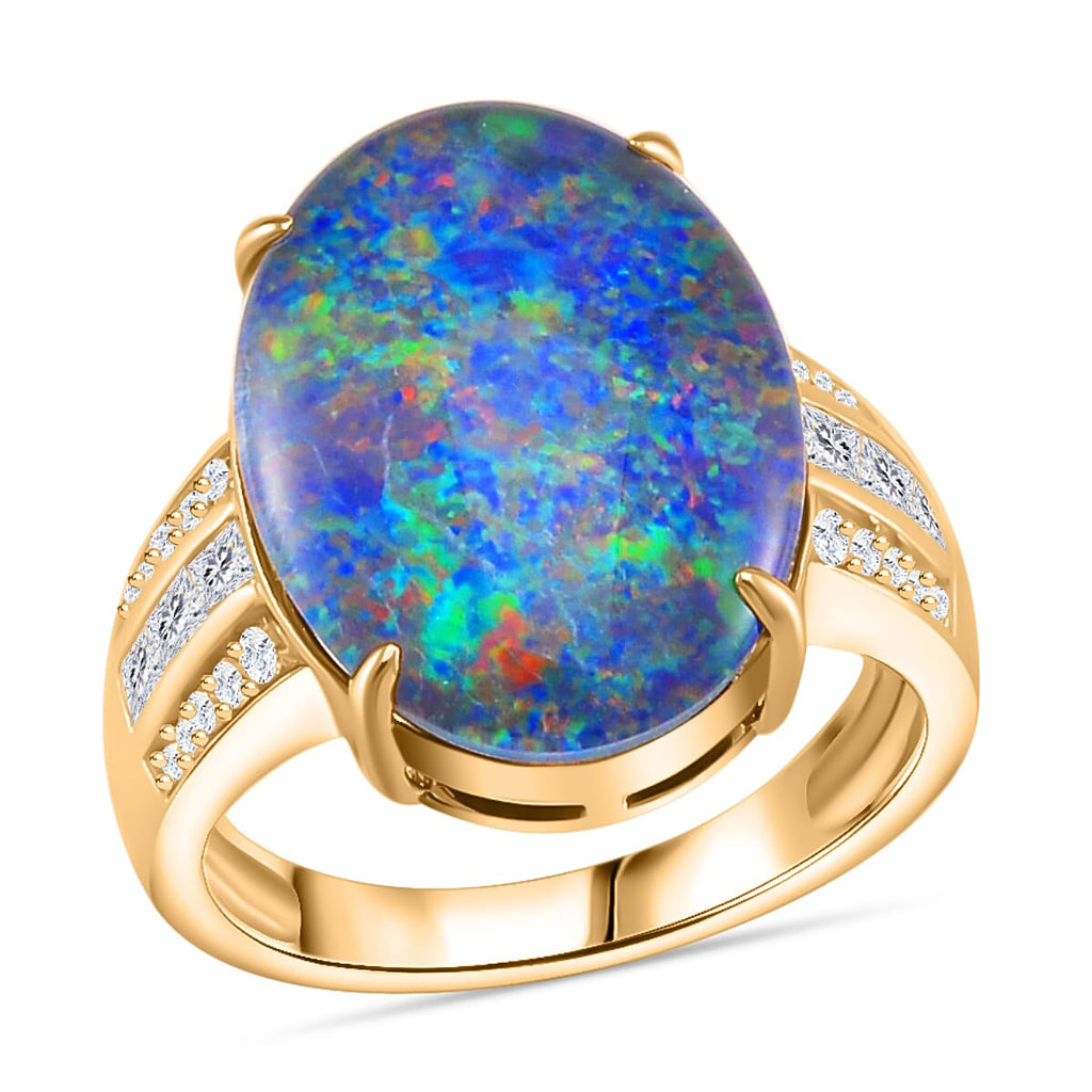 9K Yellow Gold Australian Boulder Opal & Moissanite Ring 7.18 Ct