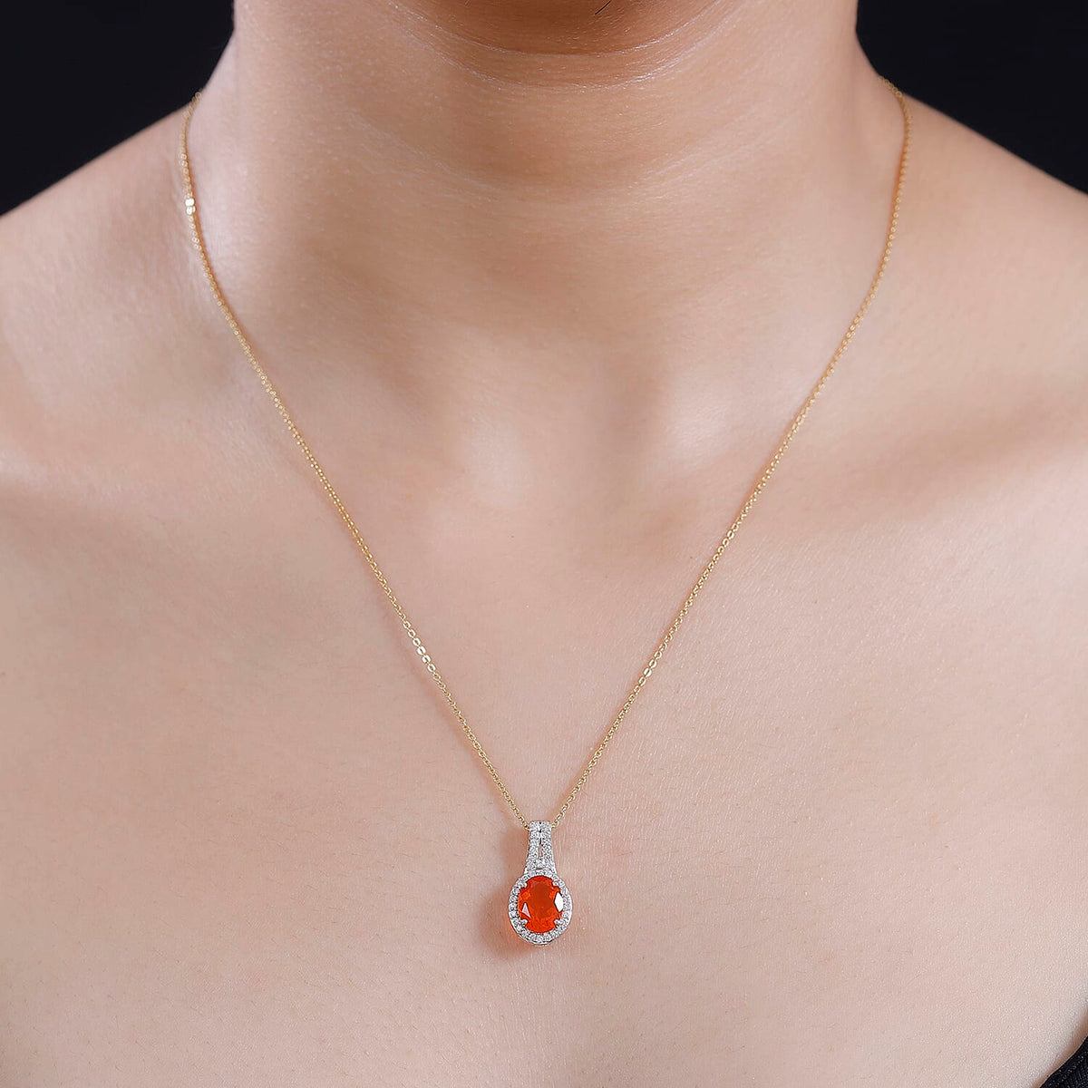 9K Yellow Gold AAA Cherry Fire Opal, Moissanite Halo Pendant 1.77 Ct 7877563 2