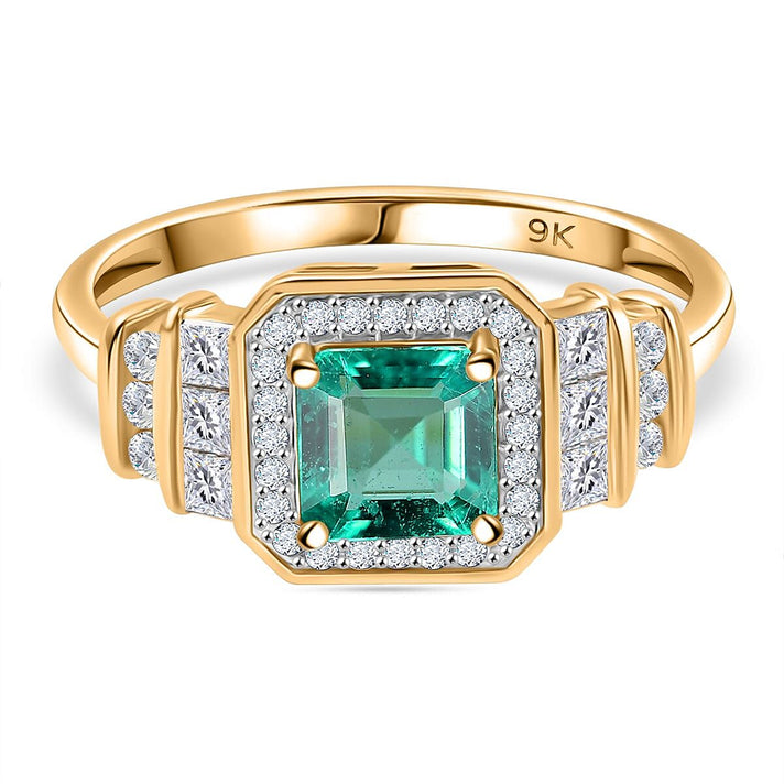 9K Yellow Gold AAA Gemfields Asscher Cut Emerald (1.24 Ct) and Moissanite Halo Ring 1.63 ct 7845684 1