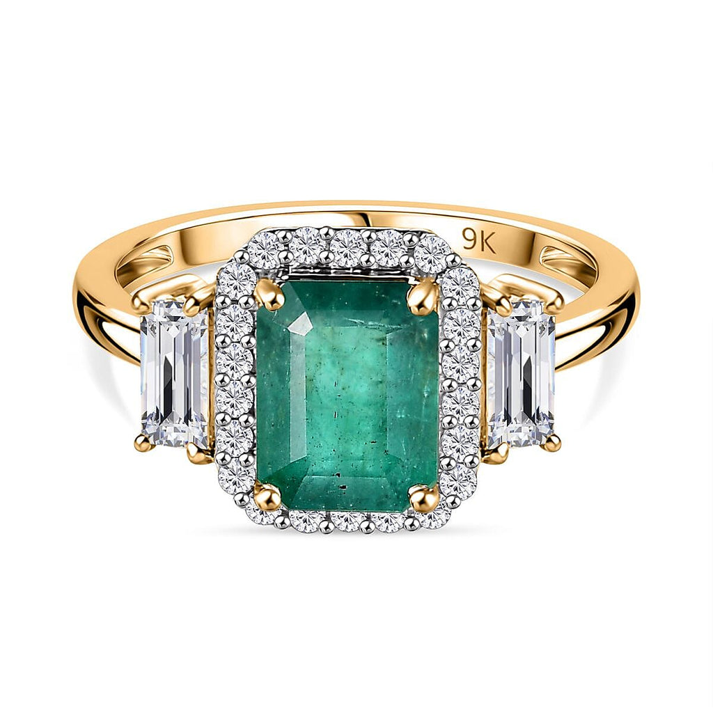 9K Yellow Gold AAA Gemfields Emerald & Moissanite Ring 2.16 Ct