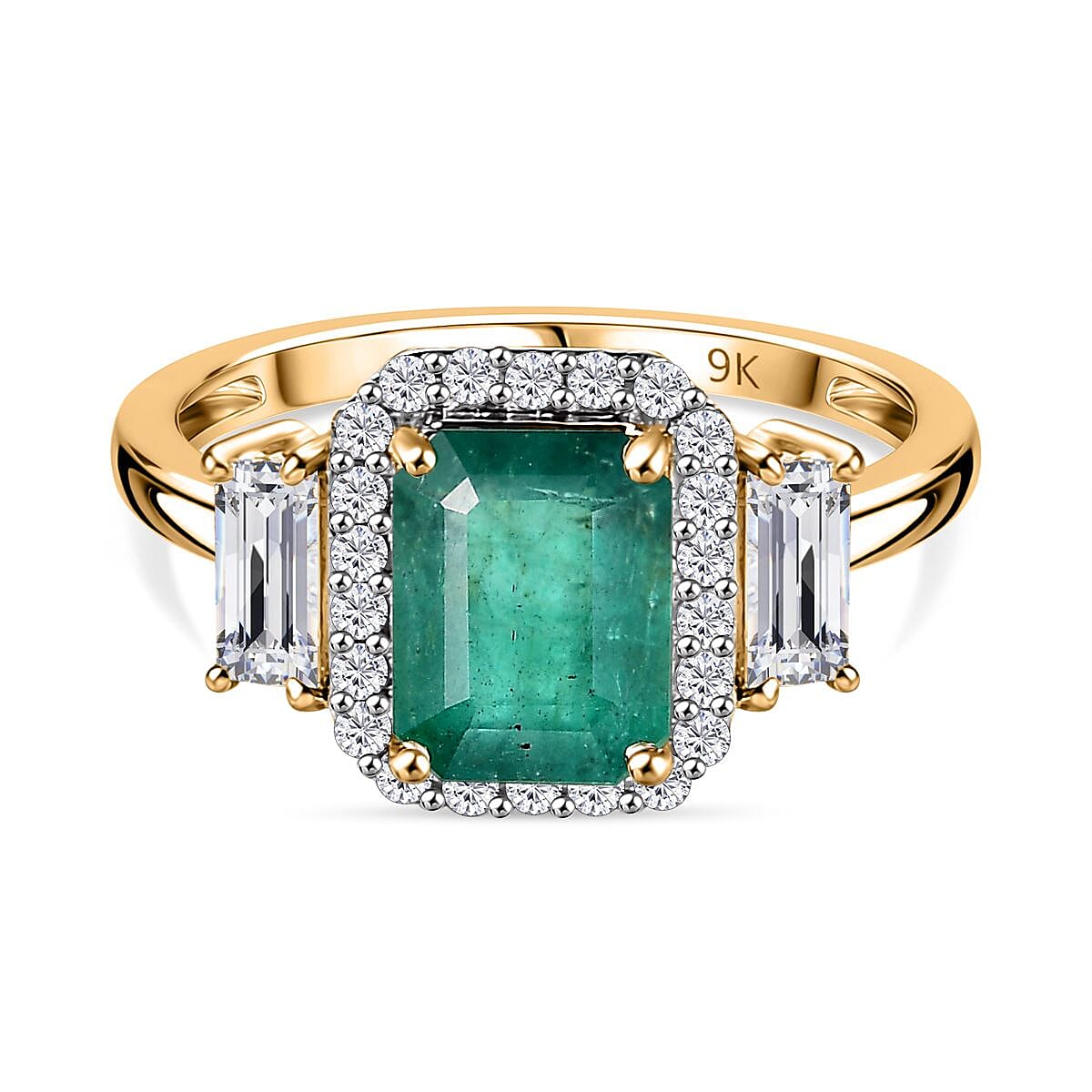 9K Yellow Gold AAA Emerald &amp; Moissanite Halo Ring 2.16 Ct 7832642 0