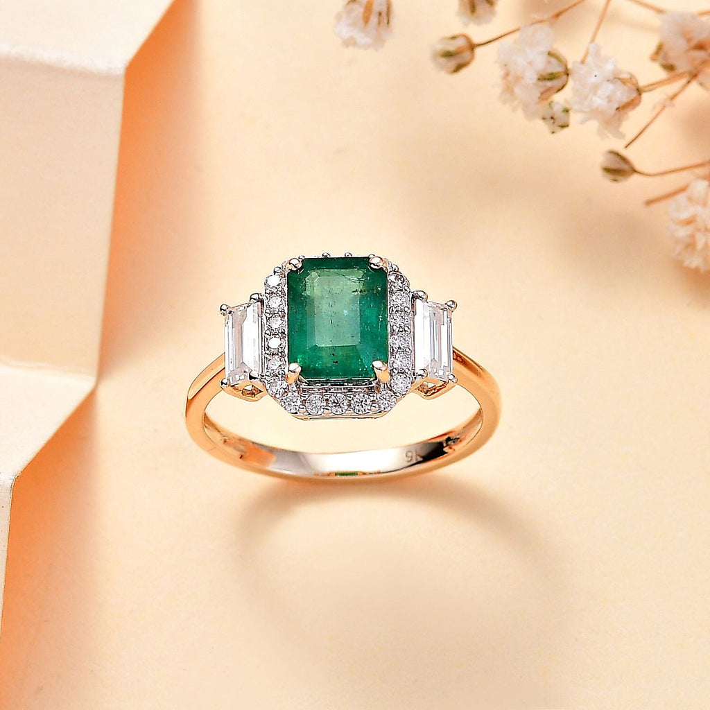 9K Yellow Gold AAA Gemfields Emerald & Moissanite Ring 2.16 Ct