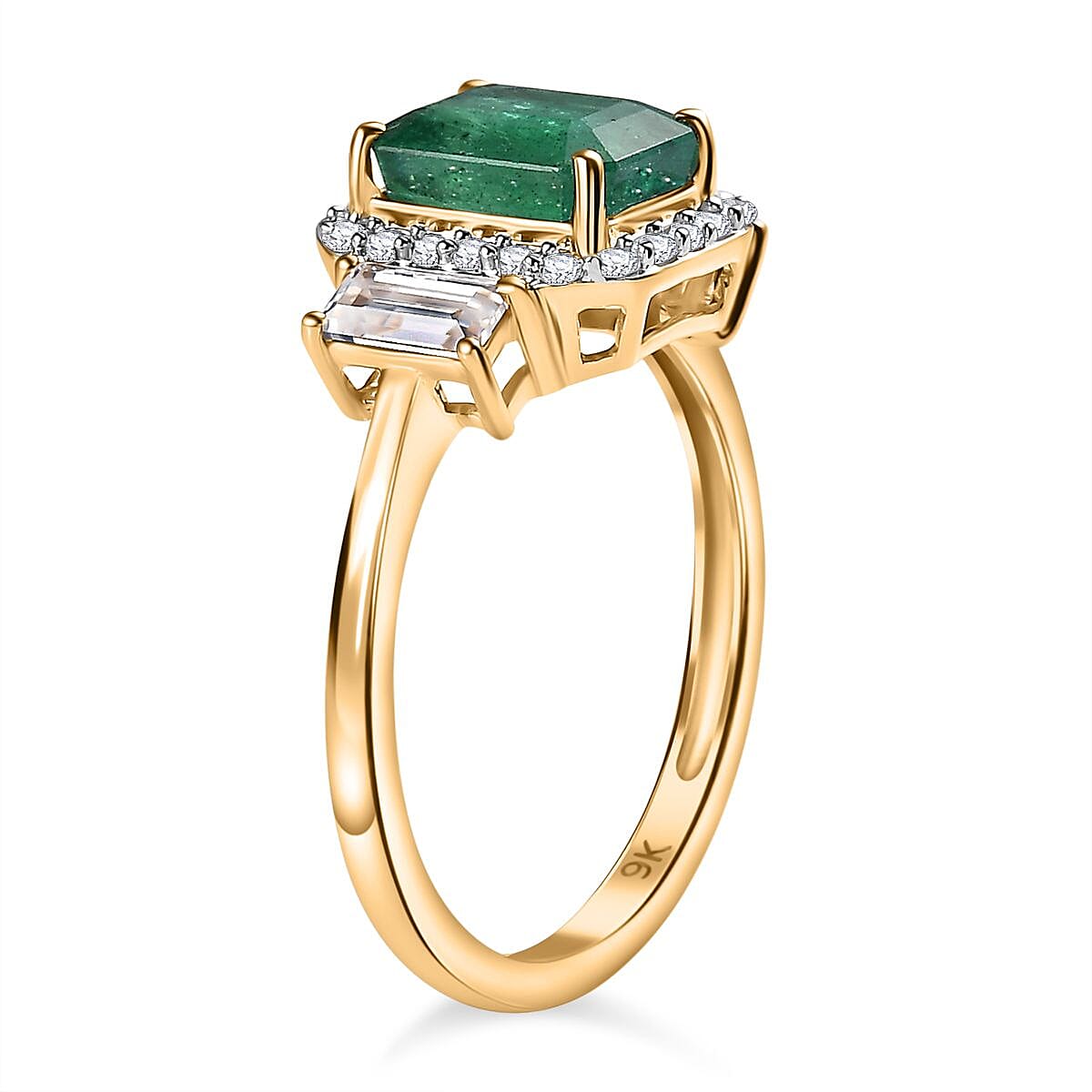 9K Yellow Gold AAA Emerald &amp; Moissanite Halo Ring 2.16 Ct 7832642 3