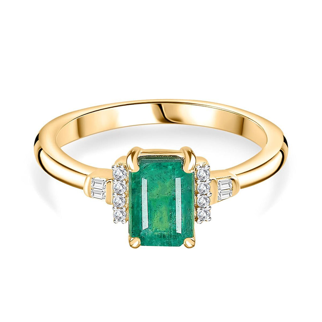 9K Yellow Gold  AAA   Emerald ,  White Diamond  Main Stone With Side Stone Ring 1.11 ct,  Gold Wt. 2.18 Gms  1.078  Ct.