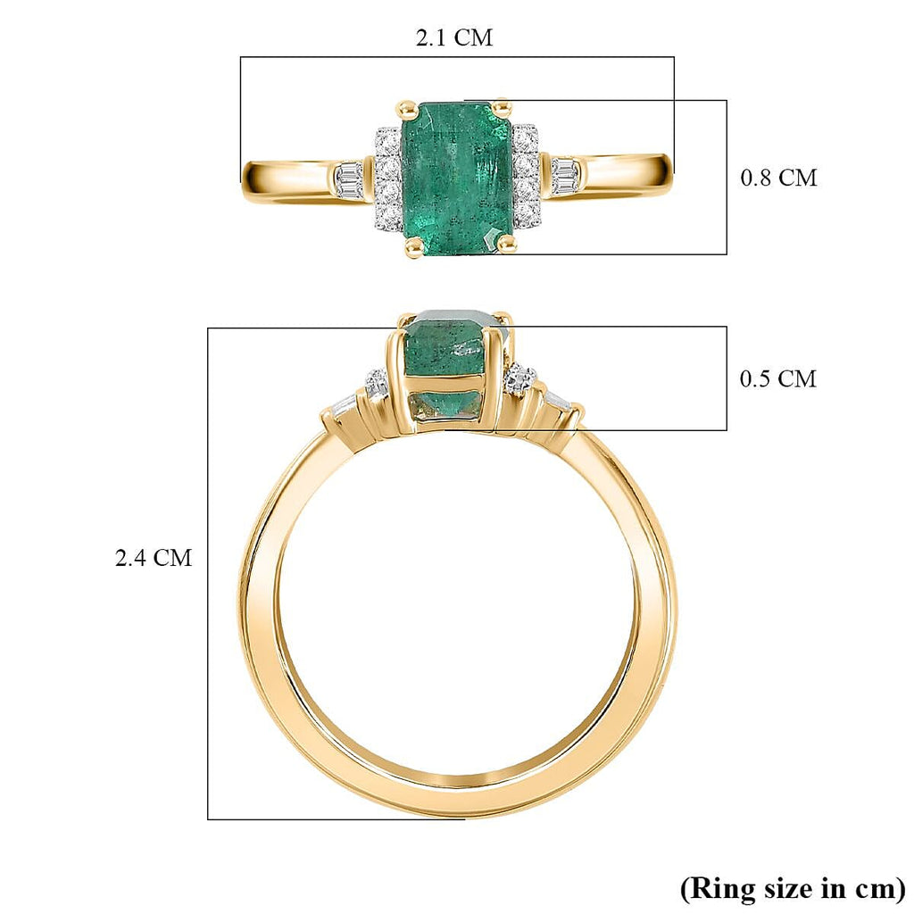 9K Yellow Gold  AAA   Emerald ,  White Diamond  Main Stone With Side Stone Ring 1.11 ct,  Gold Wt. 2.18 Gms  1.078  Ct.