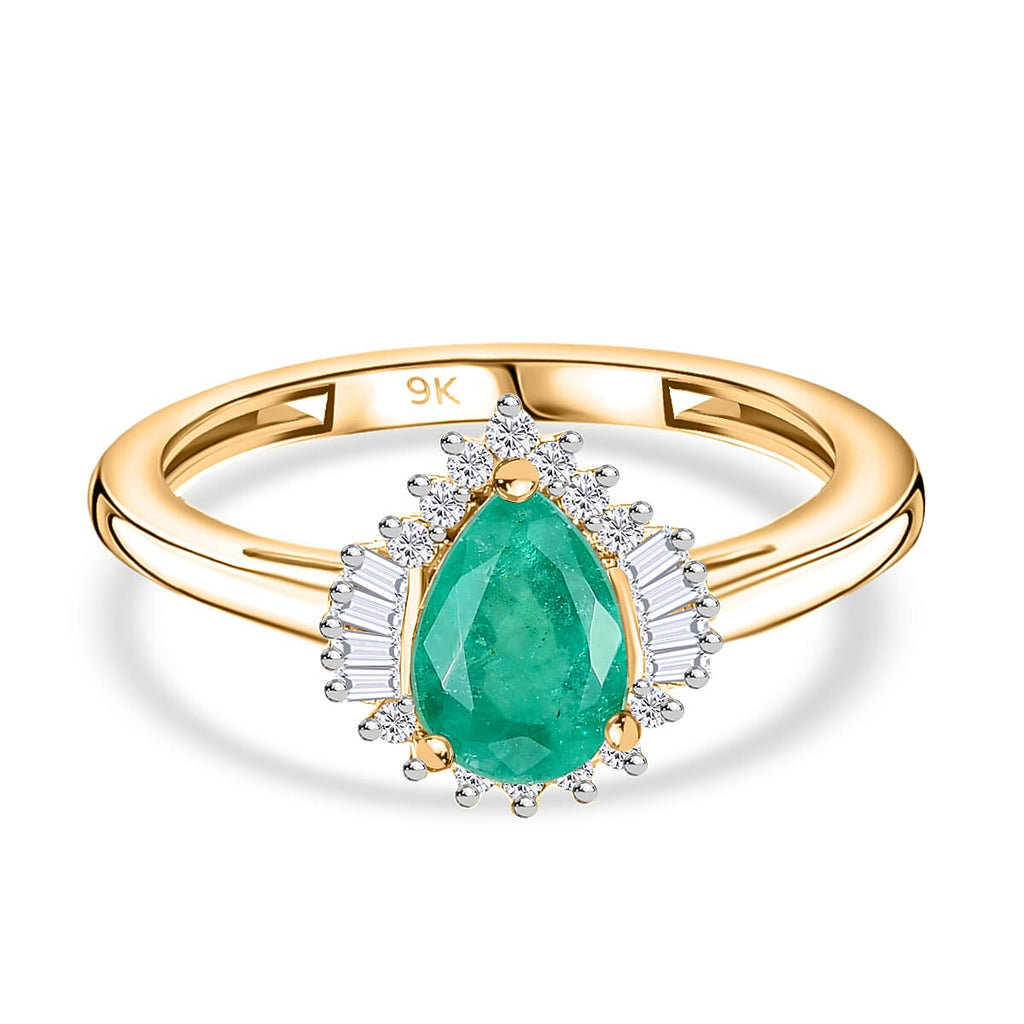 9K Yellow Gold AAA Emerald & Diamond Ring