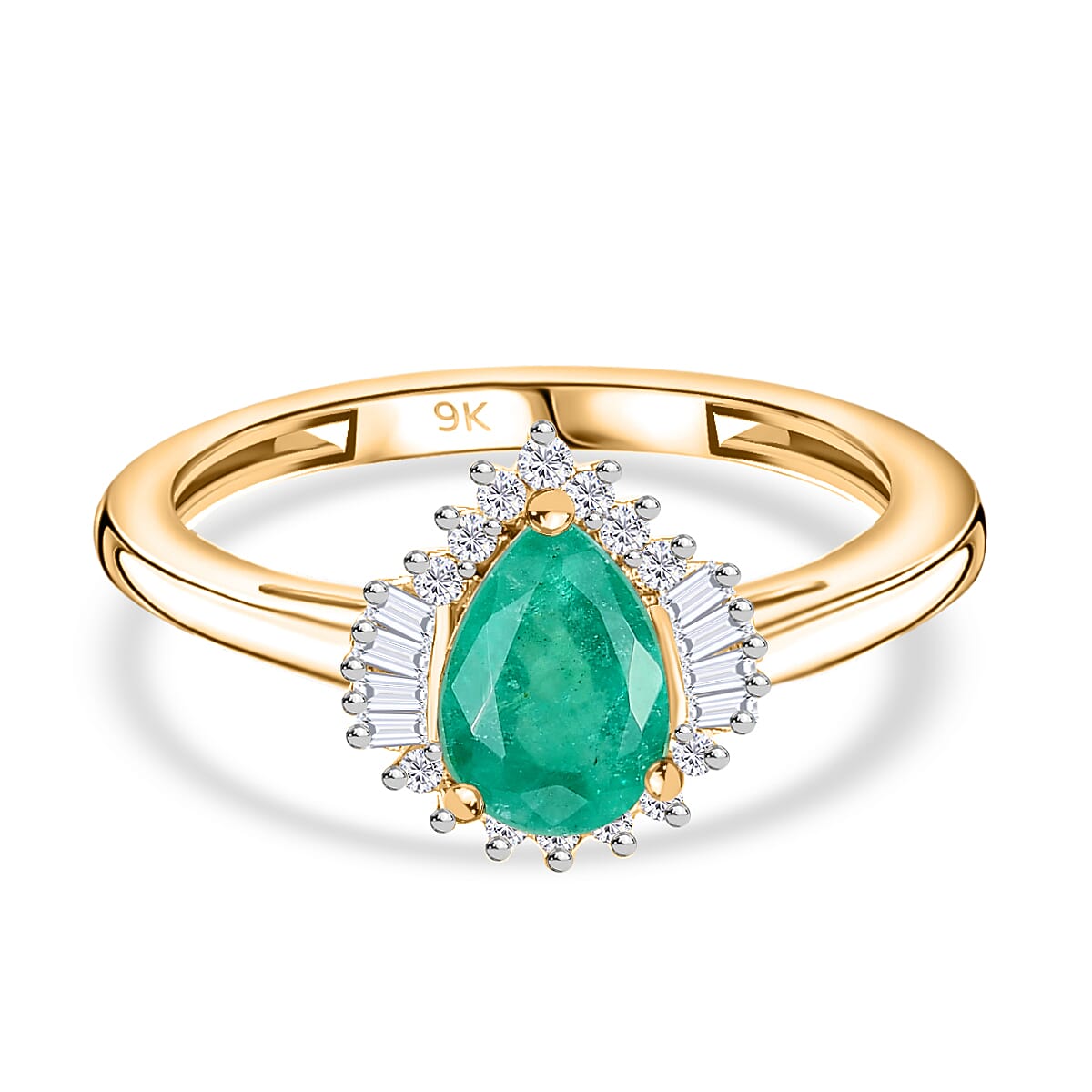 9K Yellow Gold AAA Emerald, White Diamond Halo Ring 7847216 0
