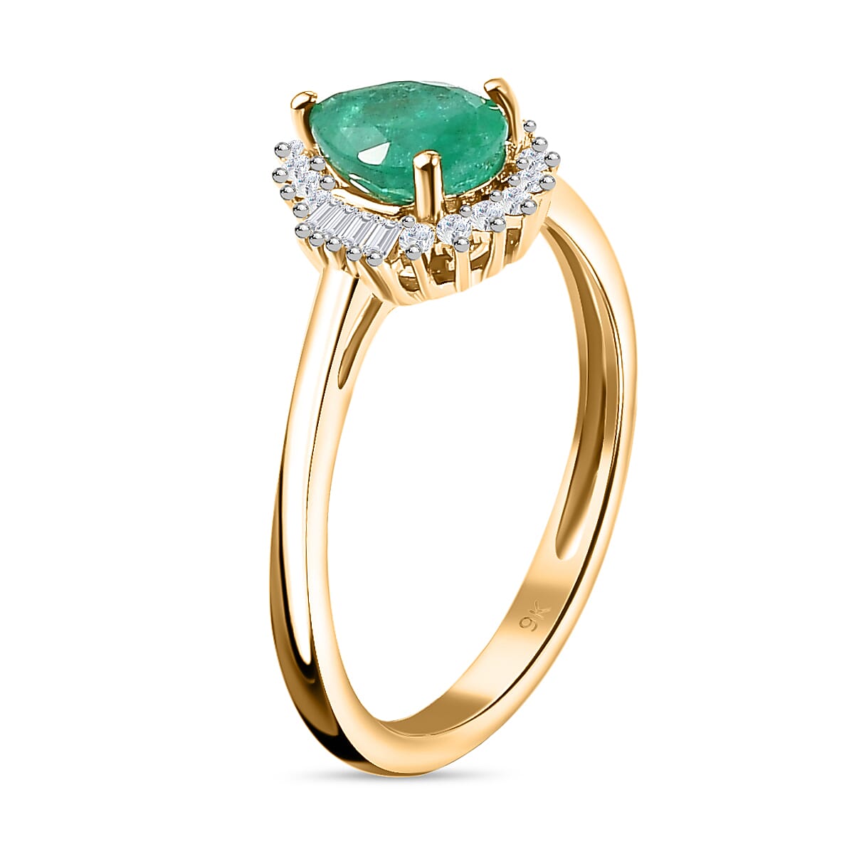 9K Yellow Gold AAA Emerald, White Diamond Halo Ring 7847216 3