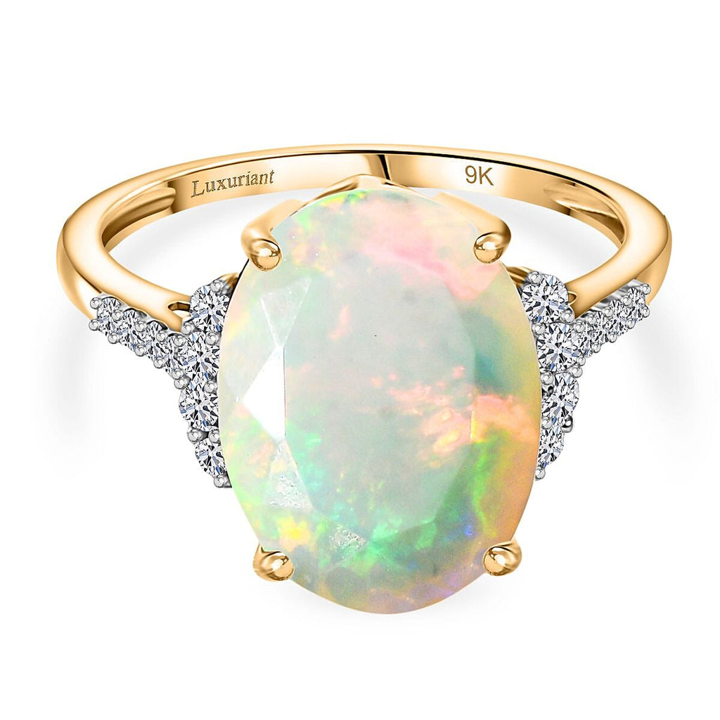 9K Yellow Gold AAA Ethiopian Faceted Opal & Lab Grown Diamond (SI-G-H) Solitaire Ring 3.42 Ct.