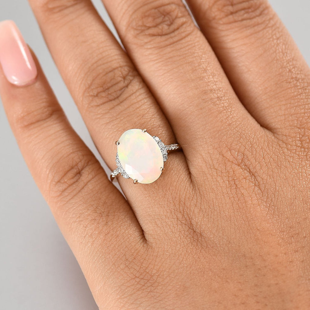 9K Yellow Gold AAA Ethiopian Faceted Opal & Lab Grown Diamond (SI-G-H) Solitaire Ring 3.42 Ct.
