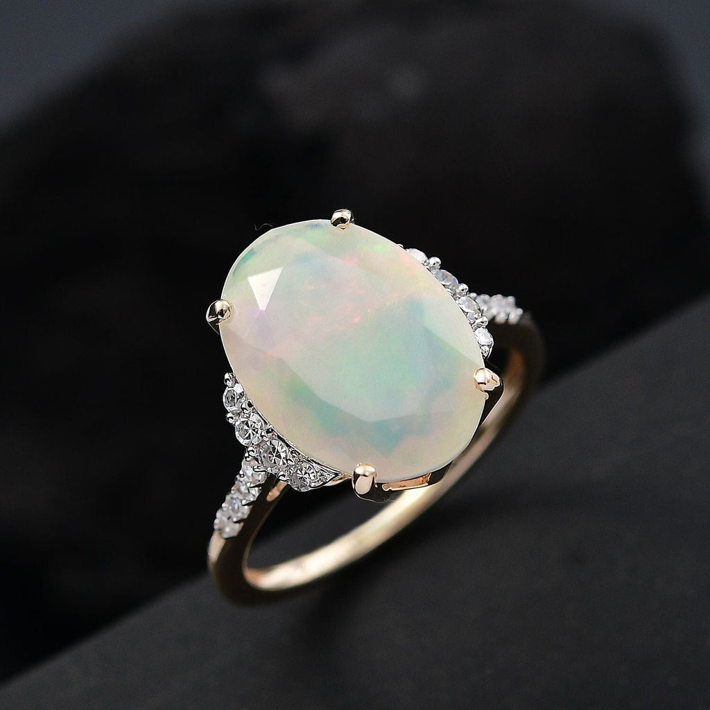 9K Yellow Gold AAA Ethiopian Faceted Opal & Lab Grown Diamond (SI-G-H) Solitaire Ring 3.42 Ct.