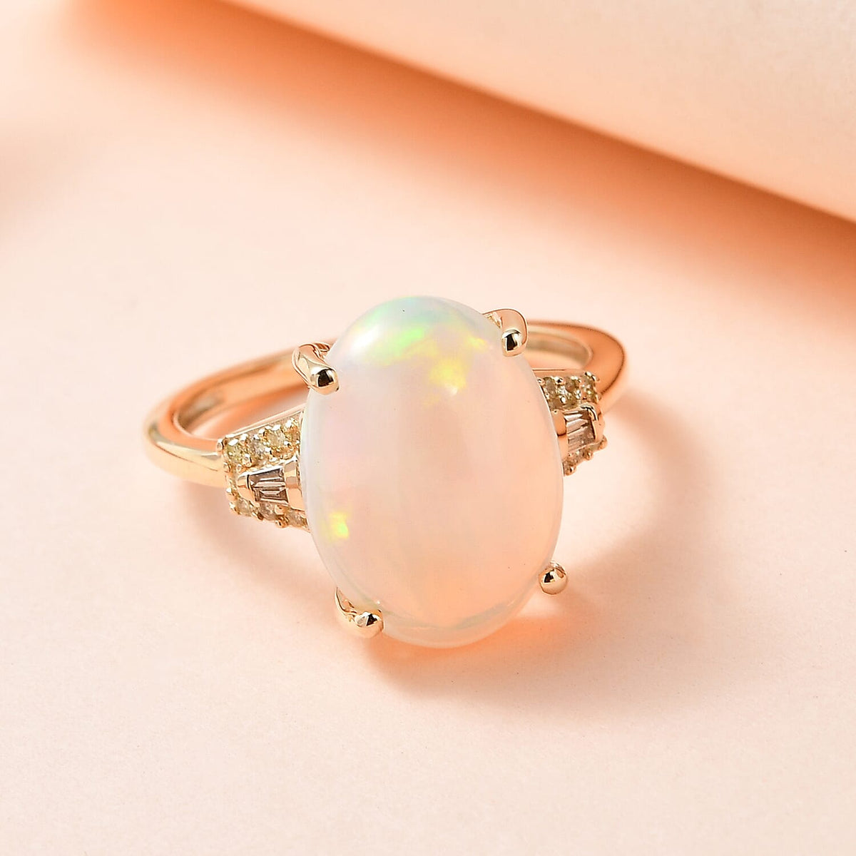 3.9 Ct. Ethiopian Welo Opal and Natural Yellow Diamond Solitaire Ring in 9K Yellow Gold 7565686 1