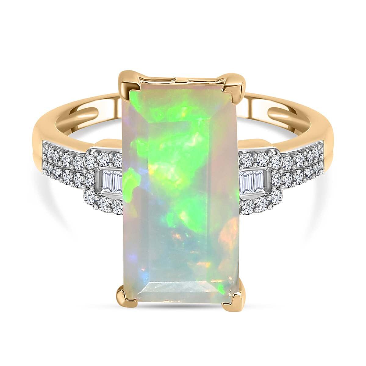9K Yellow Gold AAA Ethiopian Opal, White Diamond Elongated Ring 3.56 ct. 7730877 0