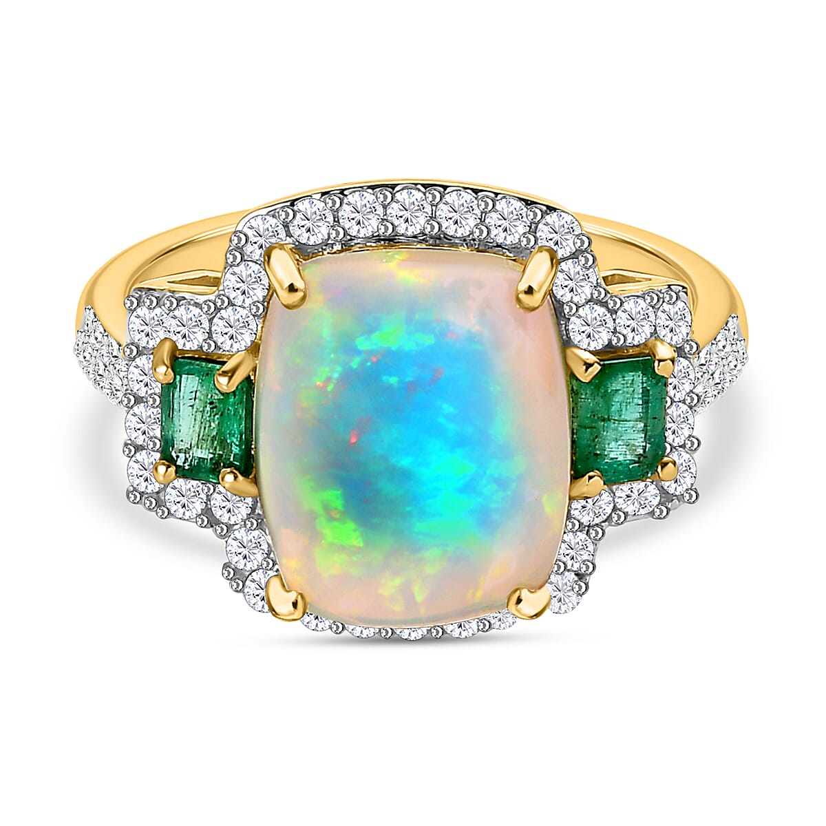 9K Yellow Gold AAA Ethiopian Welo Opal, Premium Emerald and Natural Zircon Ring 4.73 Ct. 7516575 0