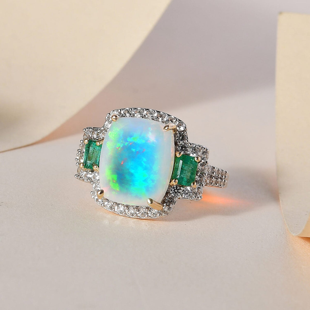 9K Yellow Gold AAA Ethiopian Welo Opal, Premium Emerald and Natural Zircon Ring 4.73 Ct. 7516575 3
