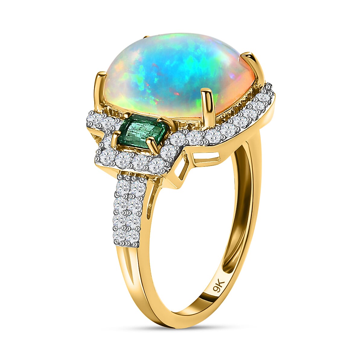 9K Yellow Gold AAA Ethiopian Welo Opal, Premium Emerald and Natural Zircon Ring 4.73 Ct. 7516575 7
