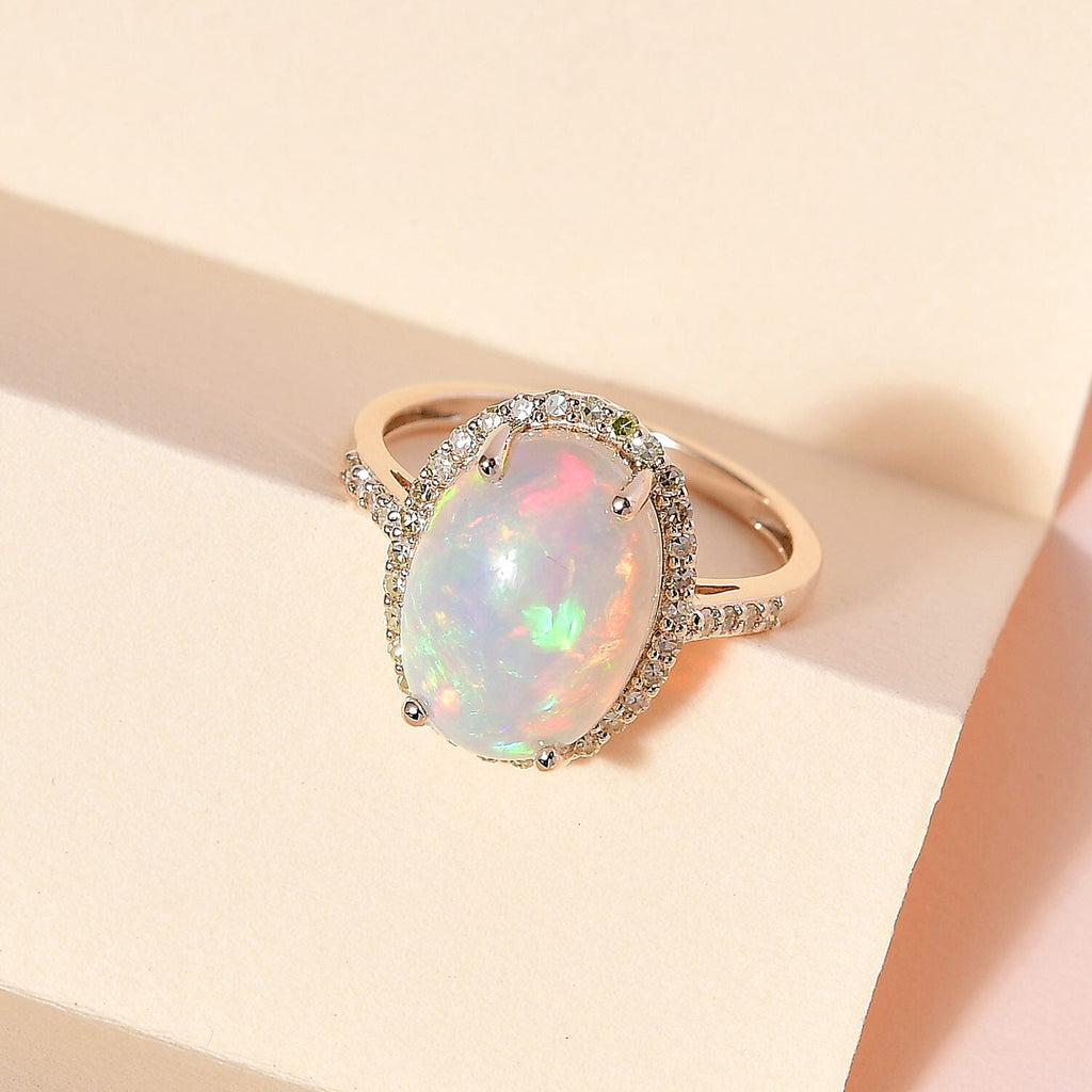 9K Yellow Gold AAA Ethiopian Welo Opal and Natural Yellow Diamond Ring 4.14 Ct