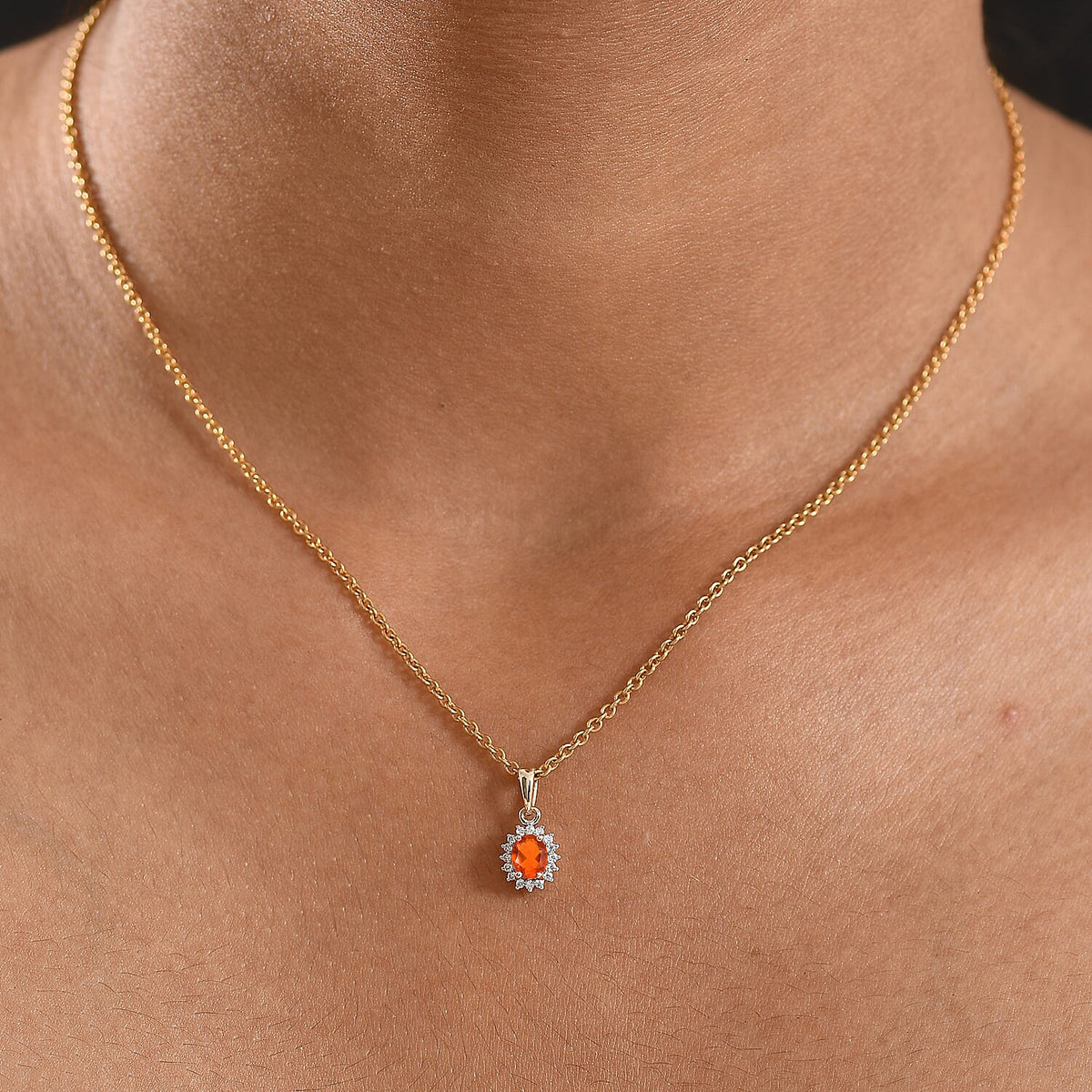 9K Yellow Gold AAA Fire Opal, Moissanite Halo Pendant 8265291 2