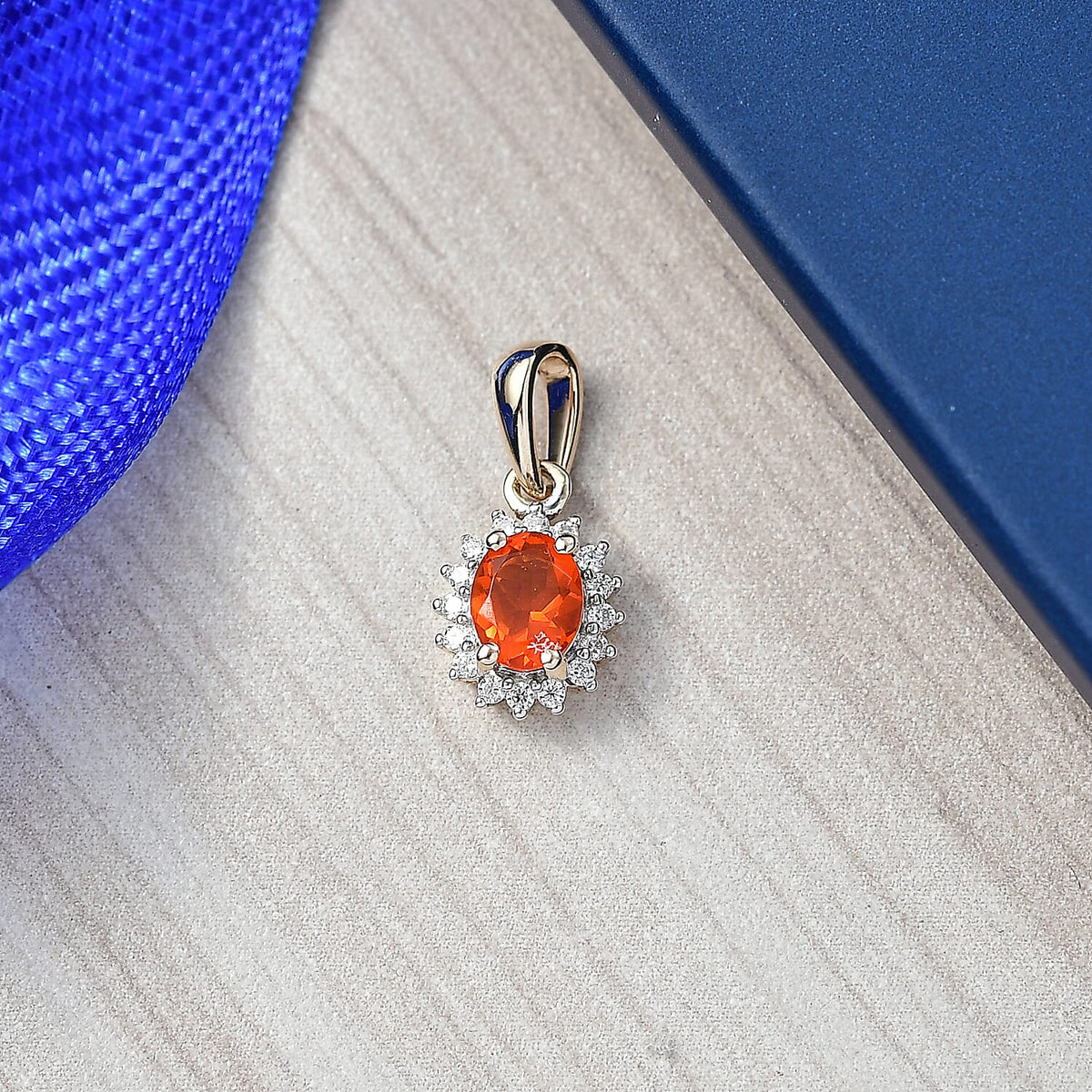 9K Yellow Gold AAA Fire Opal, Moissanite Halo Pendant 8265291 3