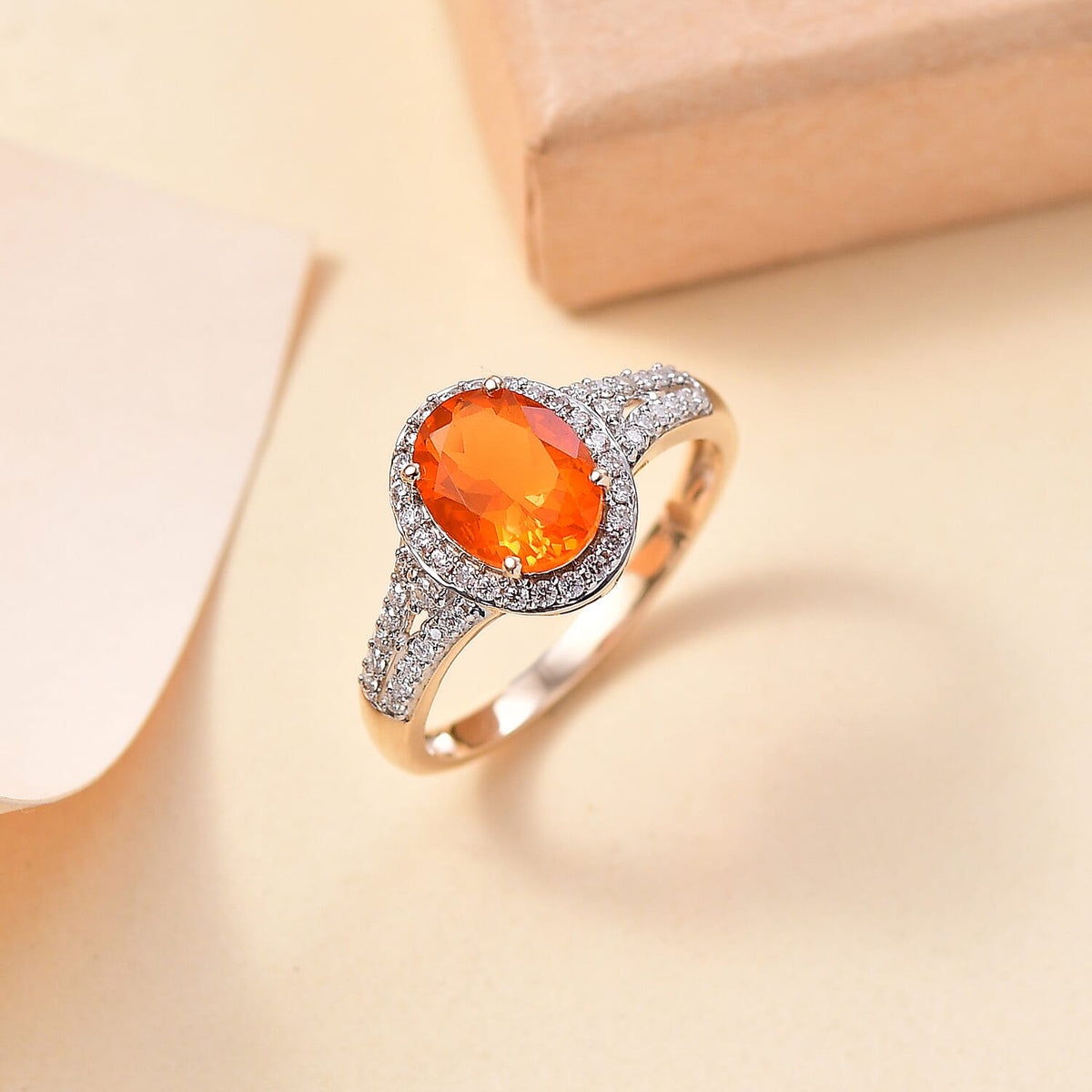 9K Yellow Gold AAA Fire Opal, Moissanite Halo Ring 1.90 Ct 7877557 2